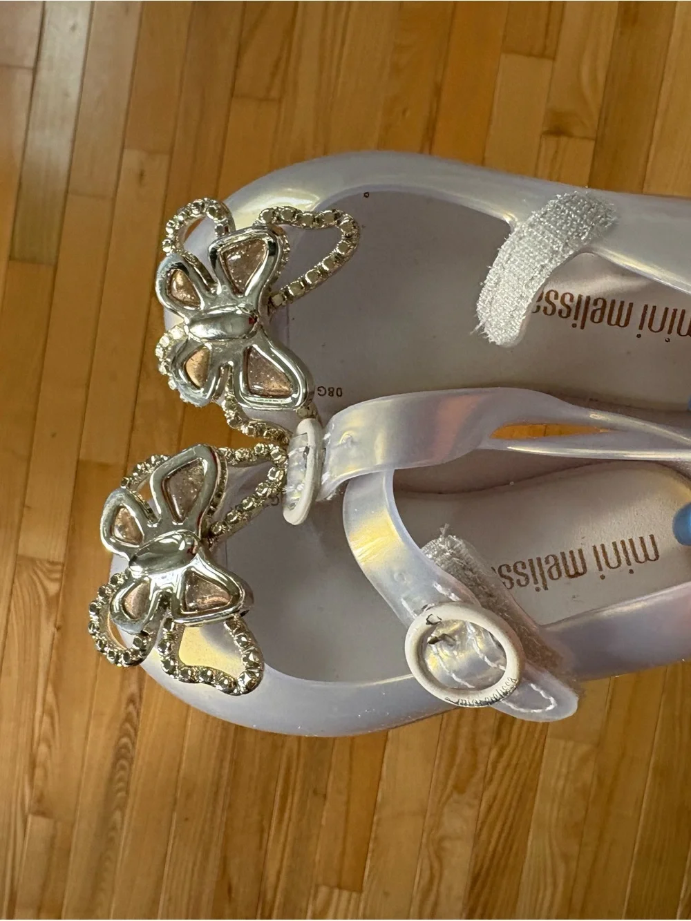 Mini Melissa Iridescent Lavender Mary Janes with Rhinestone Bow